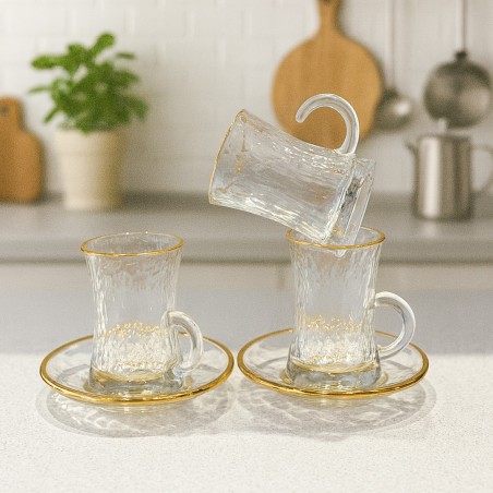 Lot de 6 Verres à Thé avec Sous-Tasses Dorée