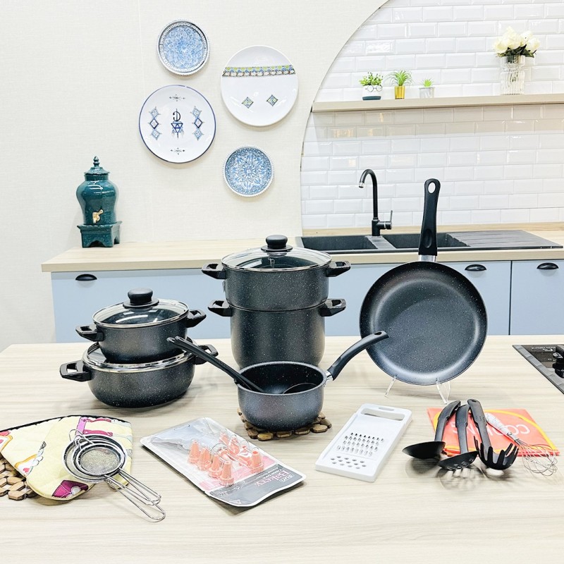 Batterie de Cuisine 36 Pièces en Granite Gris Foncé - Granitalia Batterie de Cuisine 36 Pièces en Granite Gris Foncé - Granitalia