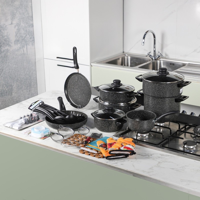 Batterie de Cuisine 45 Pièces en Granite Noir – Granitalia