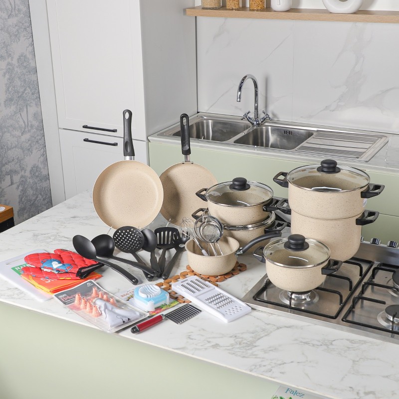 Batterie de Cuisine 45 Pièces en Granite Beige – Granitalia