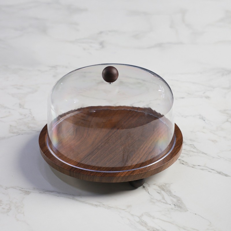 Présentoir à Gâteau 27 cm en Bois avec Couvercle Transparent
