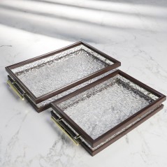 Set de 2 Plateaux Rectangulaires en Bois & Poignées Dorées