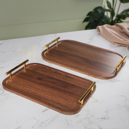 Set de 2 Plateaux en Bois avec Poignées Dorées
