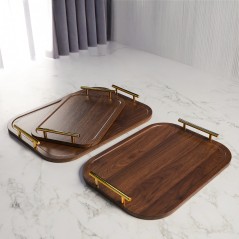 Set de 3 Plateaux en Bois avec Poignées Dorées