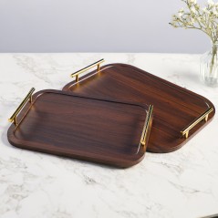 Set de 2 Plateaux en Bois avec Poignées Dorées