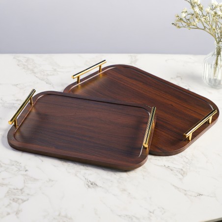 Set de 2 Plateaux en Bois avec Poignées Dorées