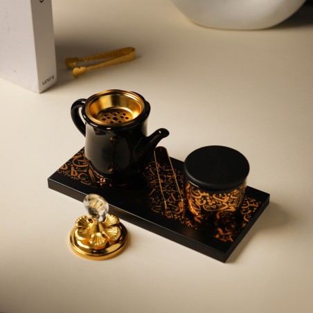 Encensoir de Luxe Noir & Doré avec Motifs Arabes