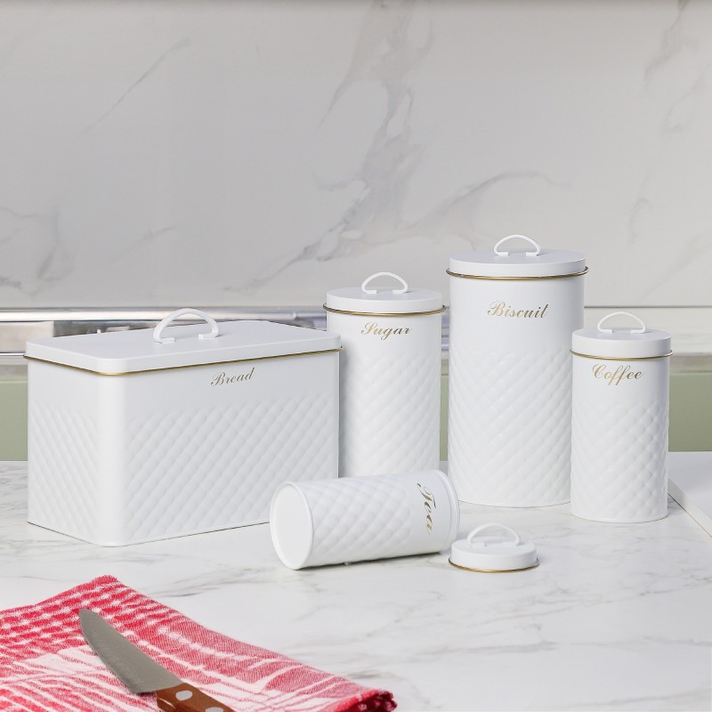 Set 5 Boîtes de Rangement Cuisine – Métal Blanc Set 5 Boîtes de Rangement Cuisine – Métal Blanc