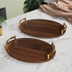 Set de 2 Plateaux Ovales en Bois avec Poignées Dorées