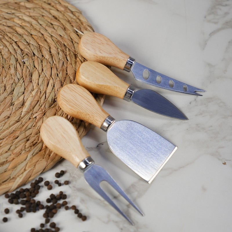 Set de 4 Couteaux à Fromage en Inox avec Manche en Bois