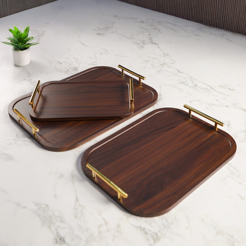 Set de 3 Plateaux en Bois avec Poignées Dorées