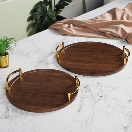 Set de 2 Plateaux Ronds en Bois avec Poignées Dorées