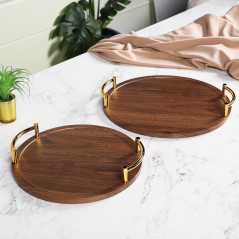 Set de 2 Plateaux Ronds en Bois avec Poignées Dorées