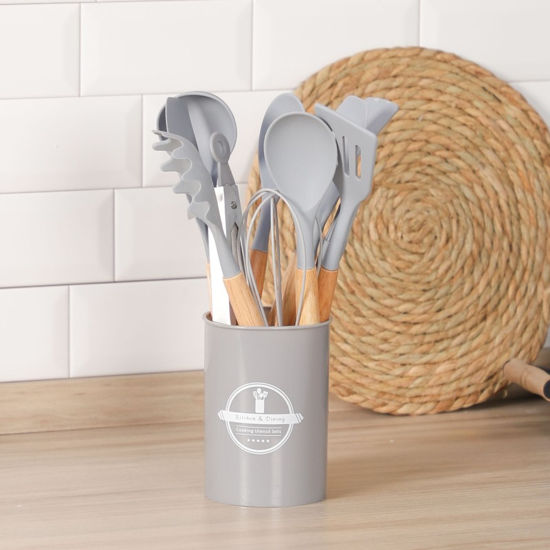 Set de 12 Ustensiles de Cuisine en Silicone - Gris