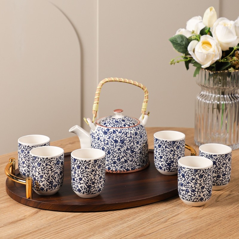 Ensemble Théière et 6 Tasses en Céramique Motifs Floraux