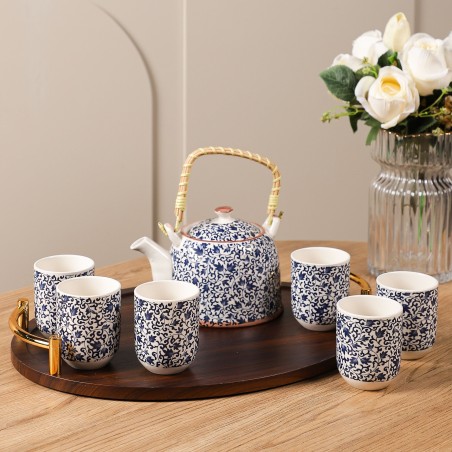 Ensemble Théière et 6 Tasses en Céramique Motifs Floraux