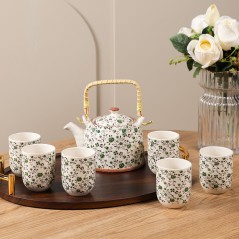 Ensemble Théière et 6 Tasses en Céramique Motifs Floraux