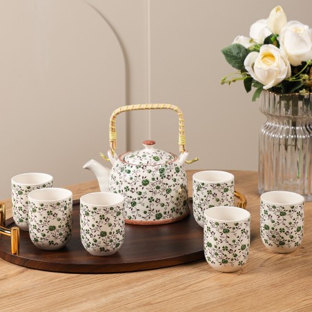 Ensemble Théière et 6 Tasses en Céramique Motifs Floraux