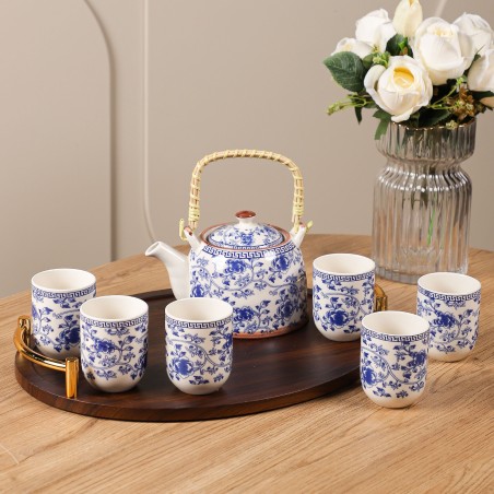 Ensemble Théière et 6 Tasses en Céramique Motifs Floraux