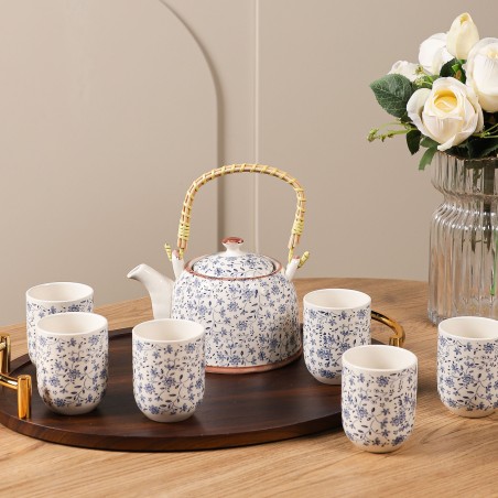 Ensemble Théière et 6 Tasses en Céramique Motifs Floraux
