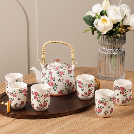 Ensemble Théière et 6 Tasses en Céramique Motifs Floraux