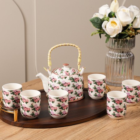 Ensemble Théière et 6 Tasses en Céramique Motifs Floraux