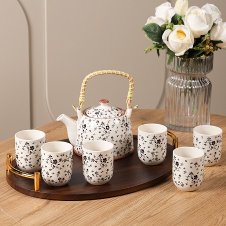 Ensemble Théière et 6 Tasses en Céramique Motifs Floraux