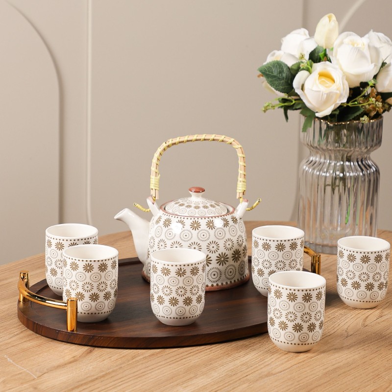 Ensemble Théière et 6 Tasses en Céramique Motifs Floraux