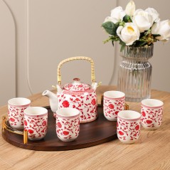 Ensemble Théière et 6 Tasses en Céramique Motifs Floraux