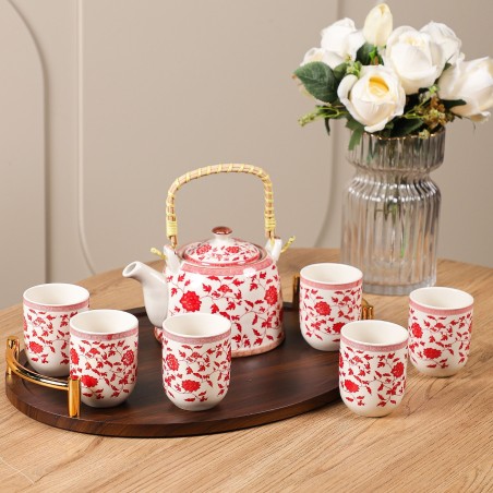 Ensemble Théière et 6 Tasses en Céramique Motifs Floraux
