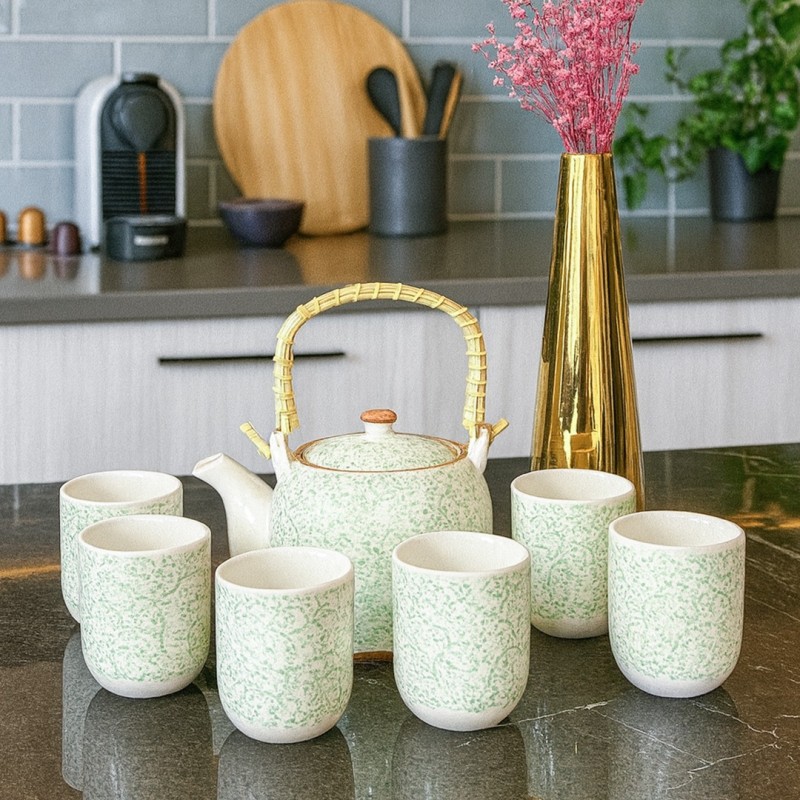 Ensemble Théière et 6 Tasses en Céramique Motifs Floraux