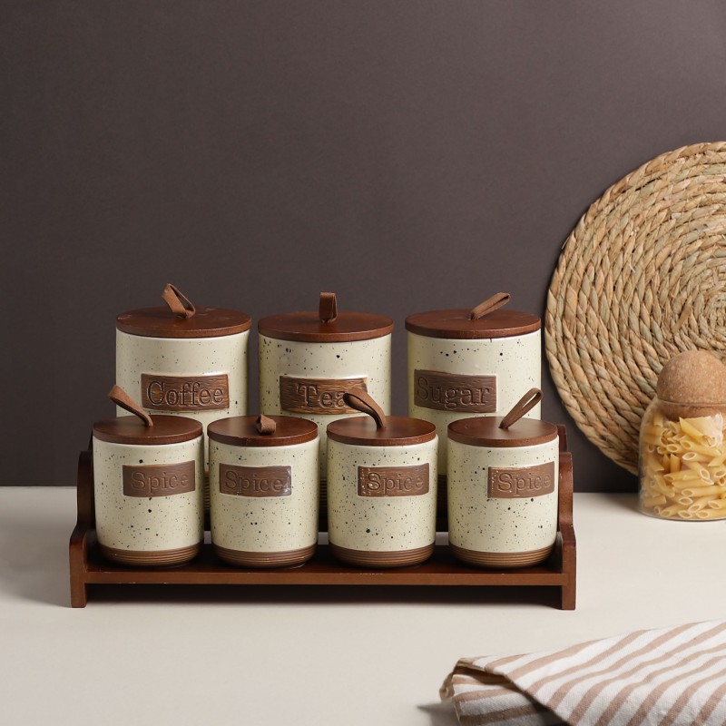 Porte-Épices en Céramique avec Support Bois – 7 Pots