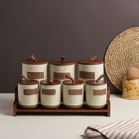 Porte-Épices en Céramique avec Support Bois – 7 Pots