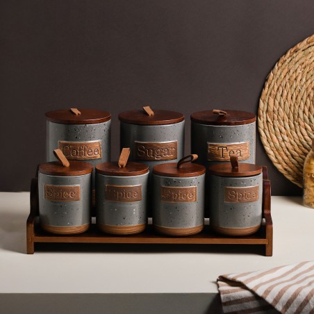 Porte-Épices en Céramique avec Support Bois – 7 Pots