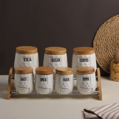Porte-Épices en Céramique avec Support Bois – 7 Pots