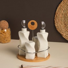 Set Huile & Vinaigre en Céramique avec Support Bois – 4 Pièces