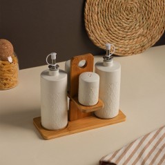 Set Huile & Vinaigre en Céramique avec Support Bois – 4 Pièces