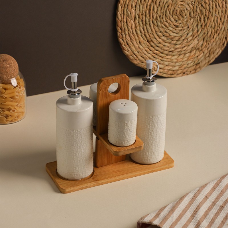 Set Huile & Vinaigre en Céramique avec Support Bois – 4 Pièces