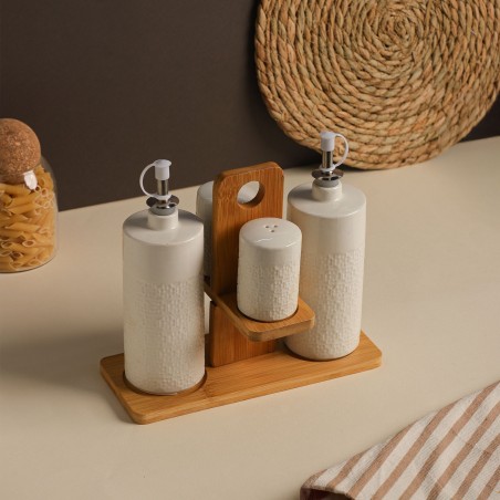 Set Huile & Vinaigre en Céramique avec Support Bois – 4 Pièces