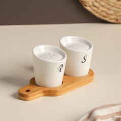 Salière et Poivrière en Céramique avec Support en Bois
