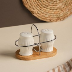 Salière et Poivrière en Céramique avec Support en Bois