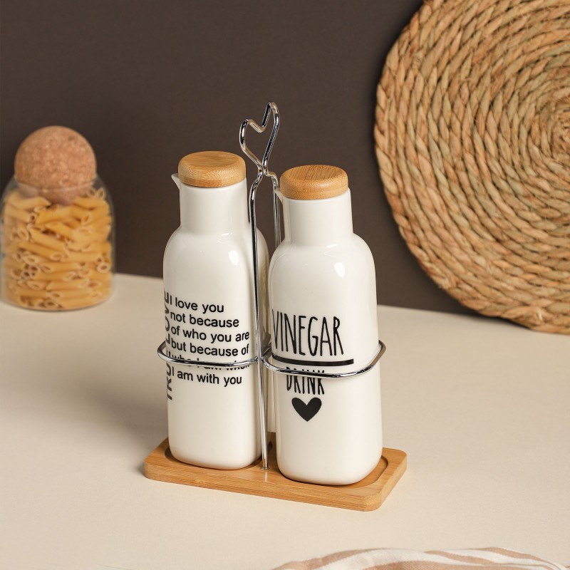 Set Huile & Vinaigre en Céramique avec Bouchons en Bois Set Huile & Vinaigre en Céramique avec Bouchons en Bois