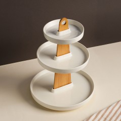 Présentoir à Gâteaux 3 Niveaux en Céramique et Bambou