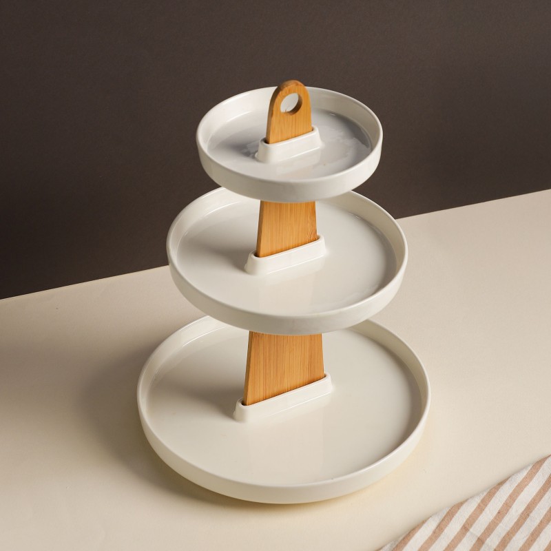 Présentoir à Gâteaux 3 Niveaux en Céramique et Bambou