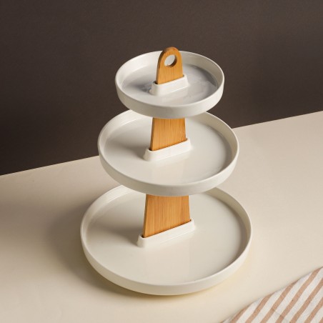 Présentoir à Gâteaux 3 Niveaux en Céramique et Bambou