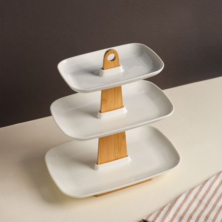 Présentoir à Gâteaux 3 Niveaux en Céramique et Bambou