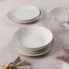 Service de Table 12 Pièces en Porcelaine – Motif Feuilles Blanc