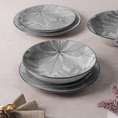 Service de Table 12 Pièces en Porcelaine – Motif Feuilles Gris