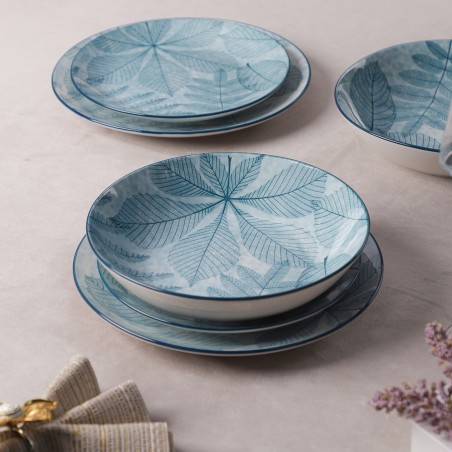 Service de Table 12 Pièces en Porcelaine – Motif Feuilles Bleu