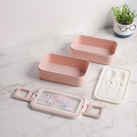 Lunch Box 2 Niveaux avec Couverts Rose